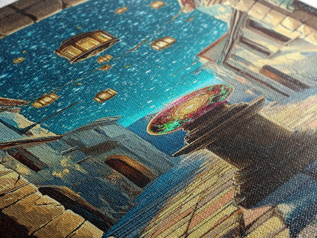 Magic Orb Beneath Starry Alley Wall Art, Whimsical Fantasy Canvas Print, Mediterranean Night Unique Home Decor Gift For Her