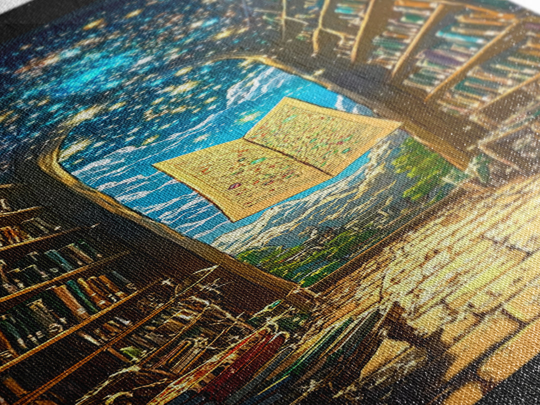 Glowing Magic Map In Towering Library Framed Canvas Print, Fantasy Wall Art, Bookish Decor, Whimsical Reader Gift, Library Poster