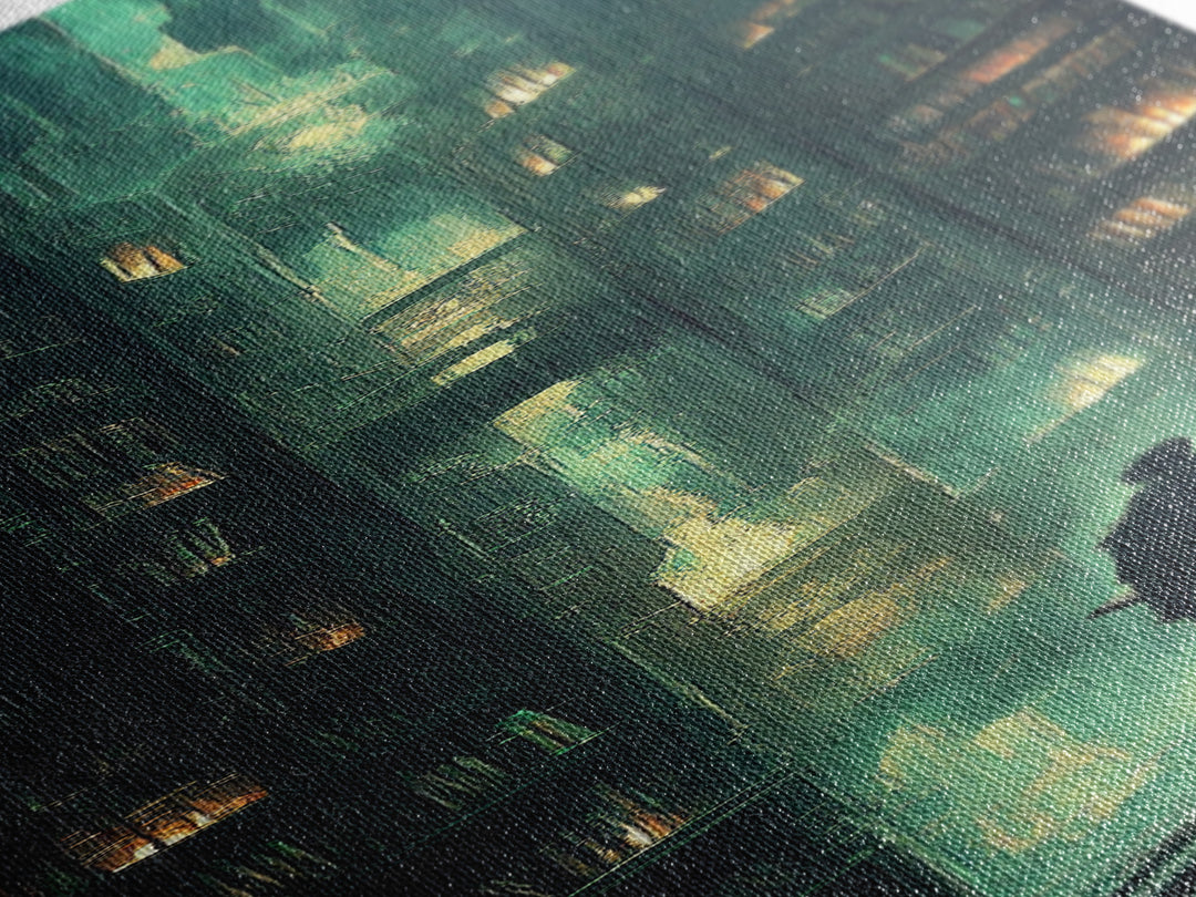 Lone Figure In Emerald Library Canyon Canvas Print, Dark Academia Wall Art, Moody Fantasy Decor, Gothic Office Wall Decor