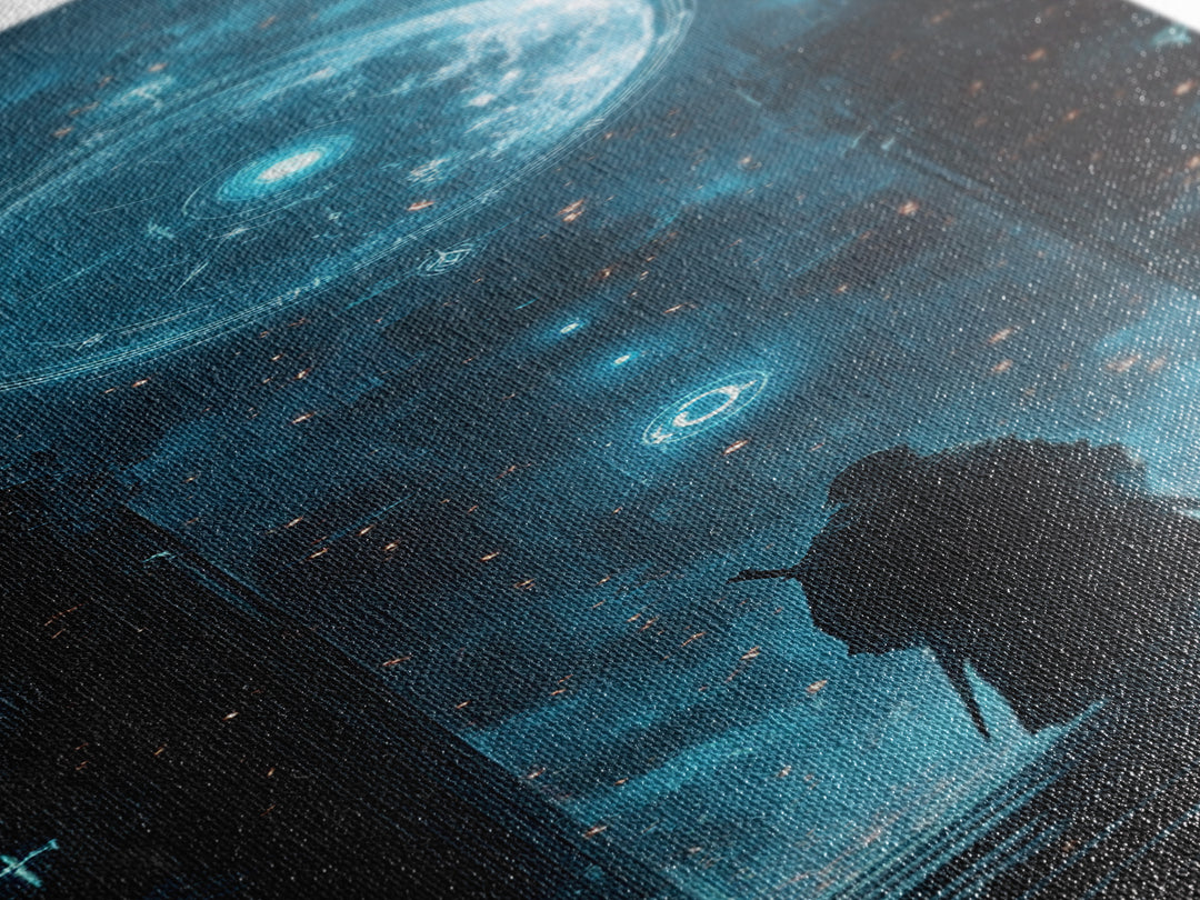 Lone Figure Before Glowing Cosmic Portal Canvas Print, Sci Fi Wall Art, Cyberpunk Decor, Futuristic Space Art For Gaming Room