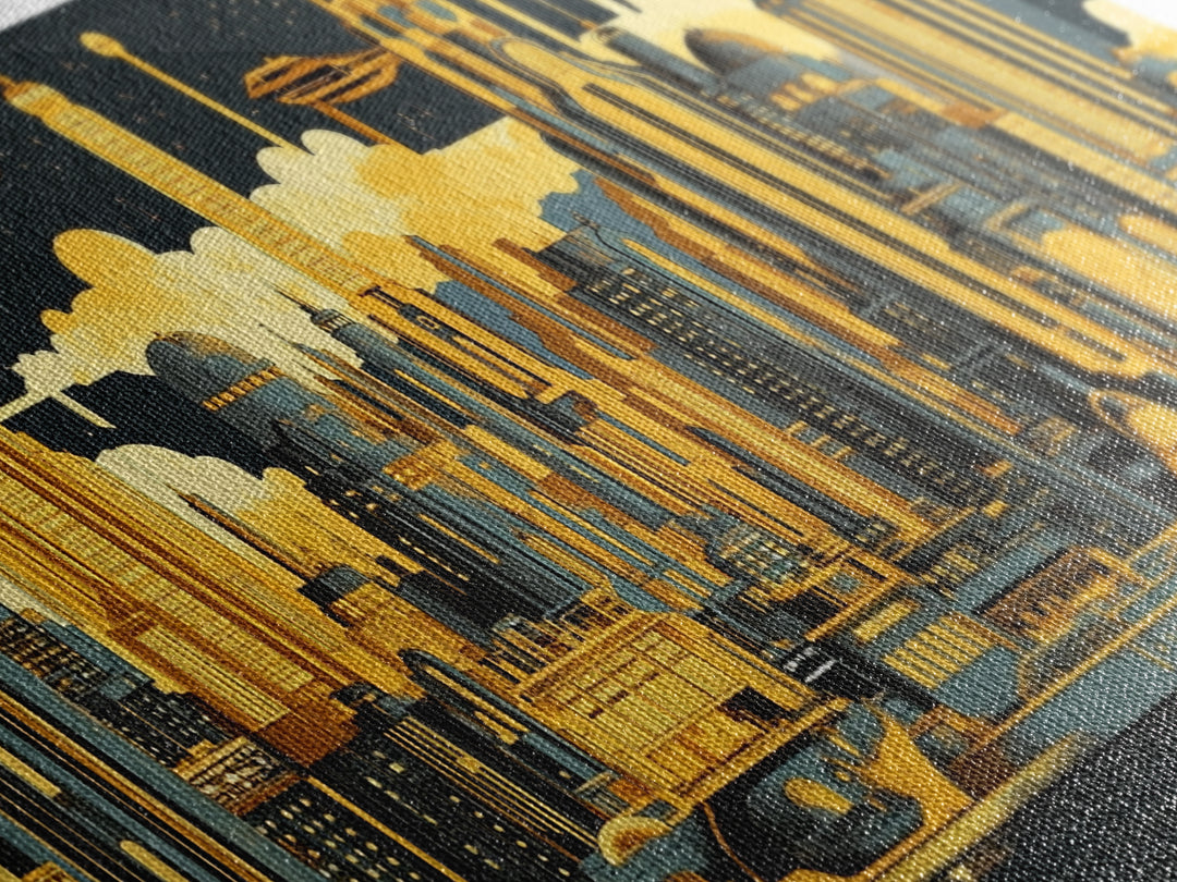 Golden Futuristic Skyline With Airships Canvas Print, Sci Fi Cityscape Wall Art, Modern Office Decor, Large Statement Artwork