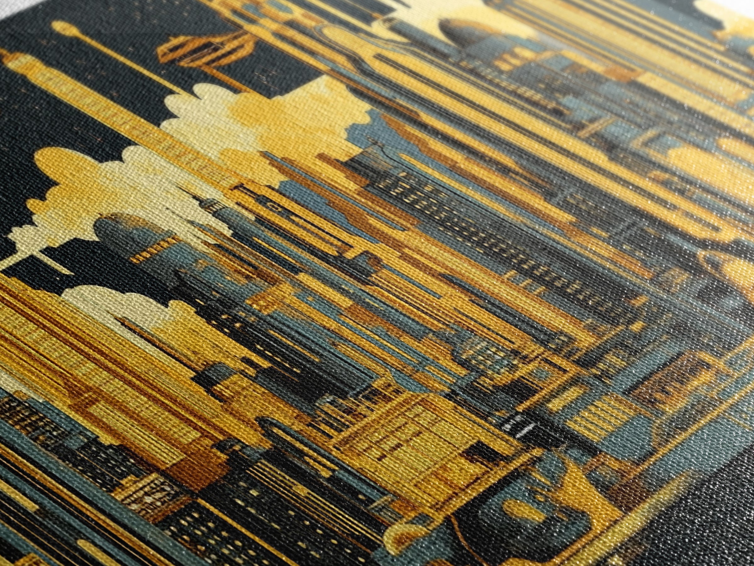 Golden Futuristic Skyline With Airships Canvas Print, Sci Fi Cityscape Wall Art, Modern Office Decor, Large Statement Artwork