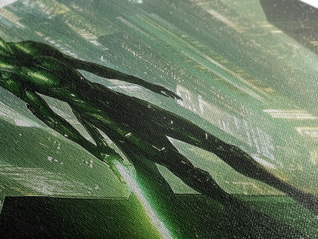 Green Cyber Warrior On Futuristic Rooftop Canvas Print, Modern Cyberpunk Wall Art, Sci Fi Gaming Room Decor, Gift For Him