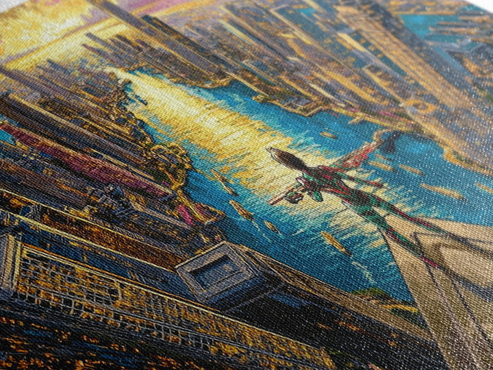Daring Hero Above Golden Future City Framed Canvas Print, Cyberpunk Wall Art, Anime Sci Fi Decor, Large Statement Artwork