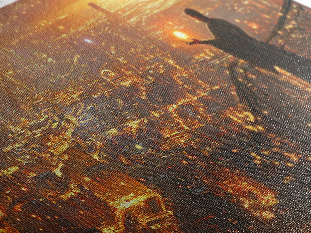 Robed Figure Holding Glowing Orb Over Dystopian City Canvas Print, Futuristic Wall Art, Golden Sci Fi Office Decor, Gift For Him