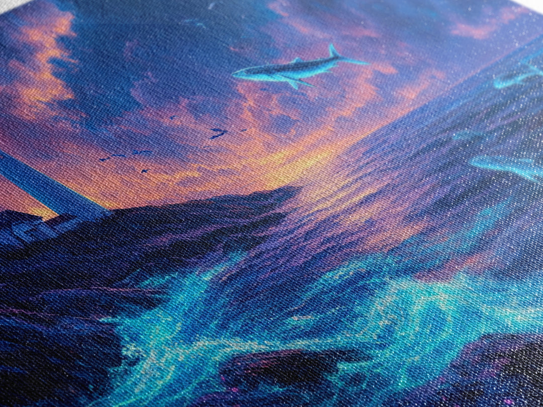 Bioluminescent Whale Ocean Lighthouse Wall Art, Fantasy Seascape Print, Coastal Wall Decor, Moody Blue Living Room Wall Art