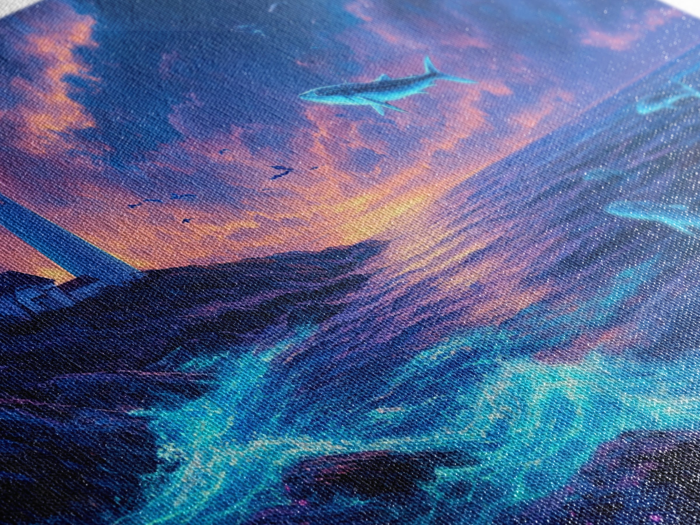 Bioluminescent Whale Ocean Lighthouse Wall Art, Fantasy Seascape Print, Coastal Wall Decor, Moody Blue Living Room Wall Art