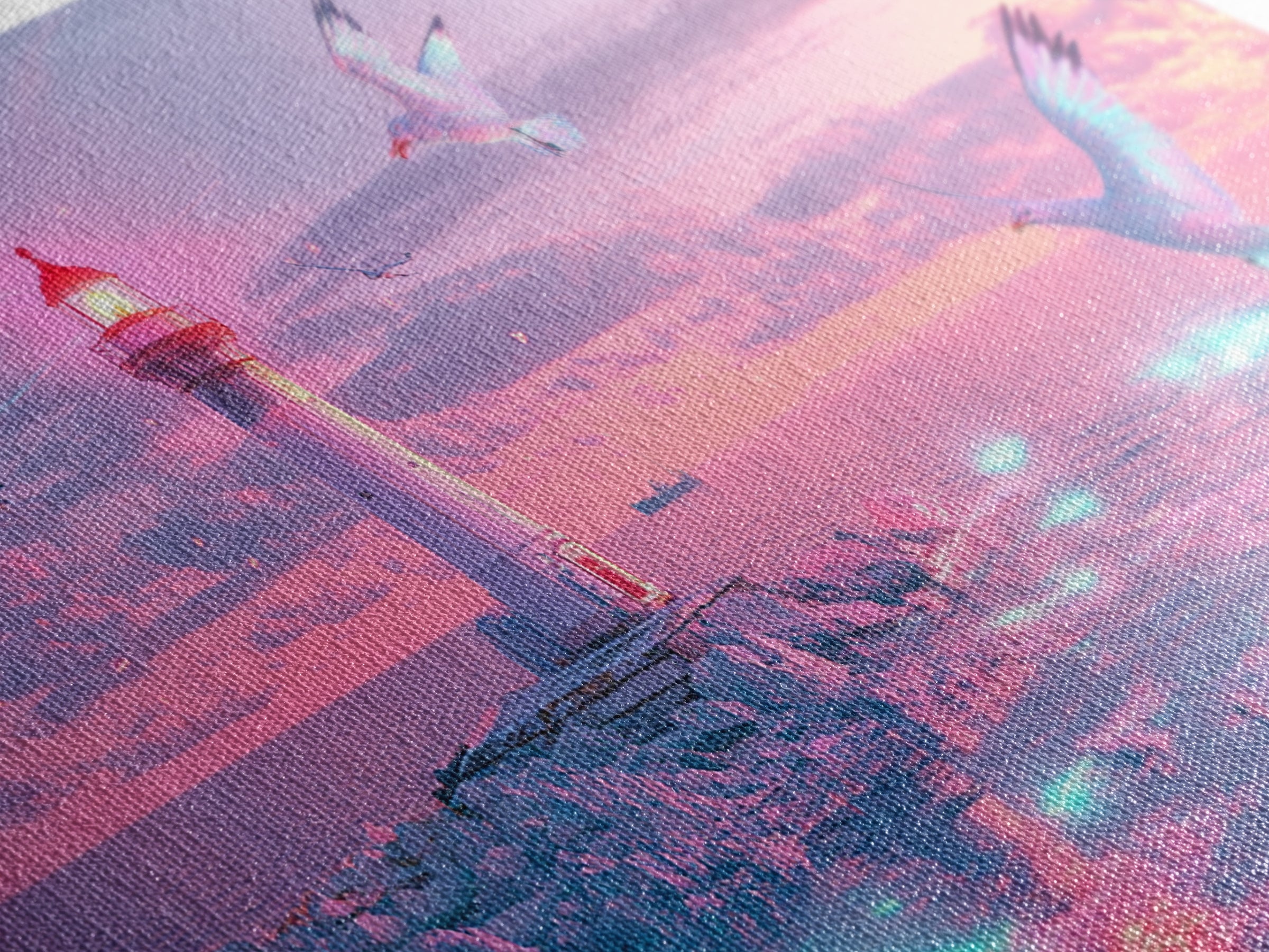 Pastel Pink Lighthouse On Glowing Sea Canvas Print, Coastal Wall Art, Dreamy Seascape, Beach Decor For Bedroom Wall Decor
