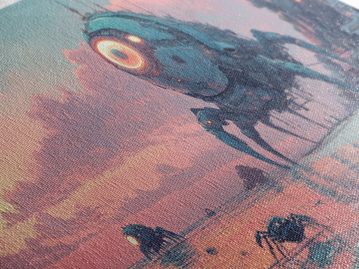 Robot Crab Beach Sunset Wall Art, Sci Fi Coastal Canvas, Futuristic Ocean Decor, Cyberpunk Seascape Print, Gamer Gift For Him