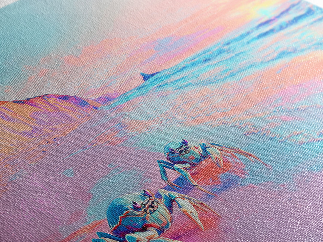 Pastel Crabs On Pink Beach Canvas Print, Coastal Wall Decor, Ocean Sunset Art, Tropical Nursery Decor, Beach House Gift For Her