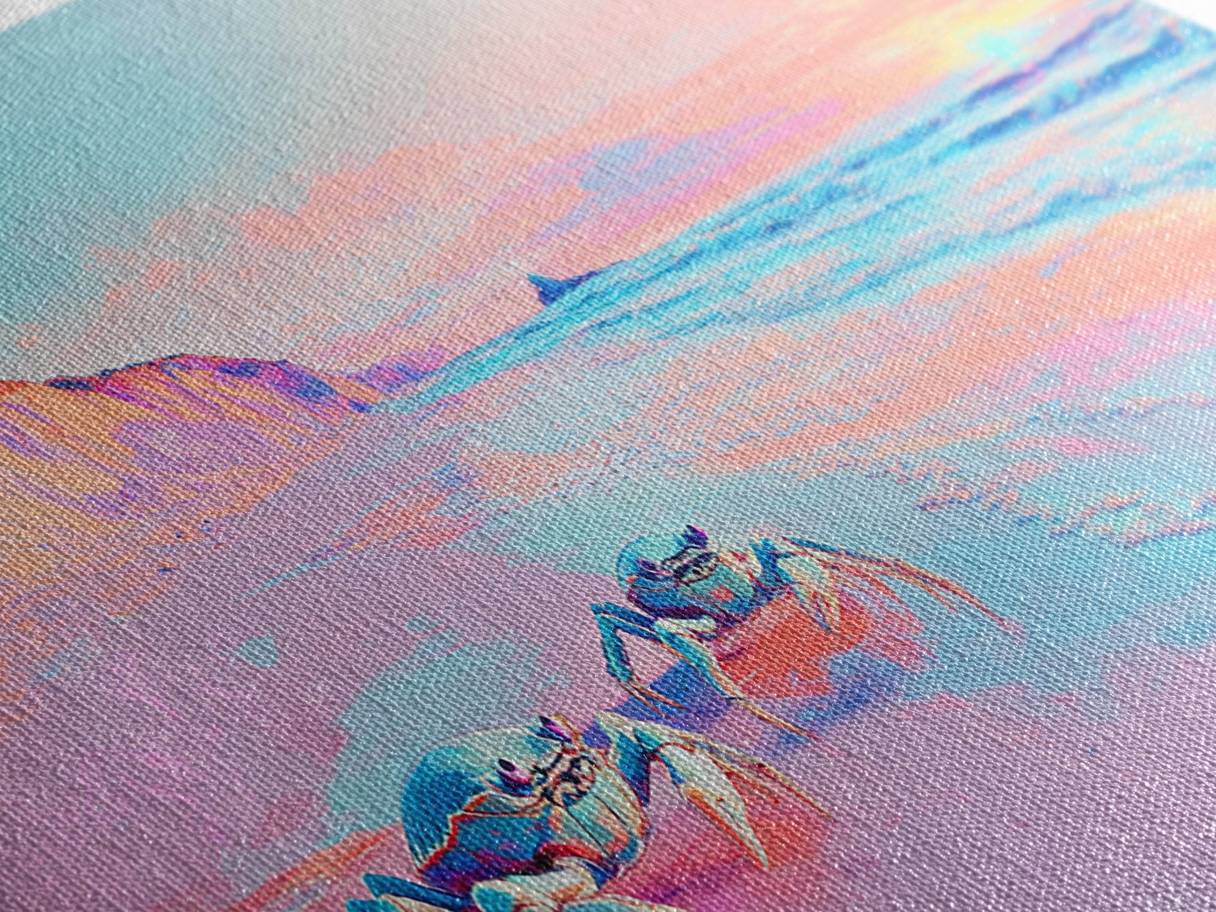 Pastel Crabs On Pink Beach Canvas Print, Coastal Wall Decor, Ocean Sunset Art, Tropical Nursery Decor, Beach House Gift For Her