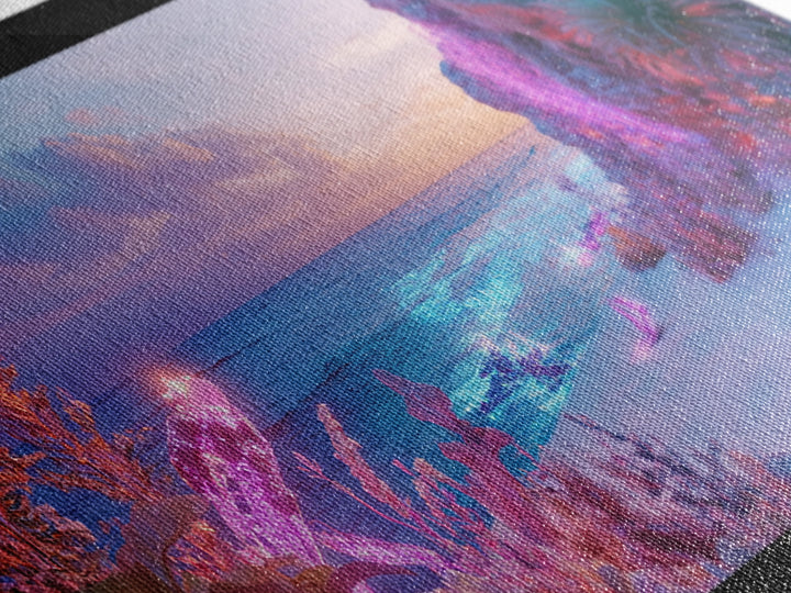 Neon Fantasy Beach With Glowing Coral Canvas Print, Tropical Ocean Wall Art, Cyberpunk Coastal Decor, Ethereal Seascape Print