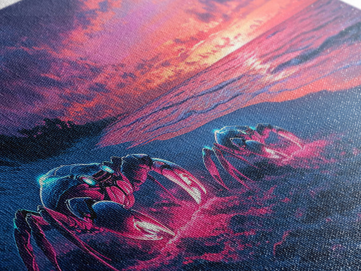 Glowing Neon Crabs On Twilight Beach Canvas Print, Cyberpunk Ocean Wall Art, Tropical Coastal Decor, Sci Fi Seascape Gift