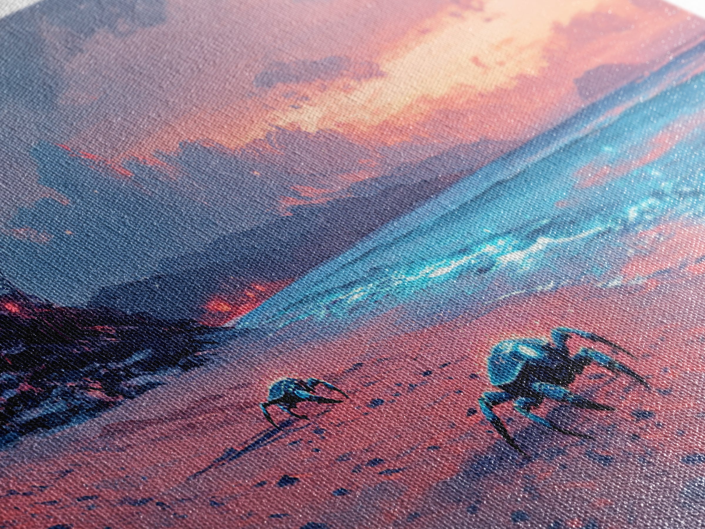 Bioluminescent Crab Beach At Pink Sunset Canvas Print, Coastal Wall Art, Ocean Decor, Beach House Gift, Fantasy Seascape