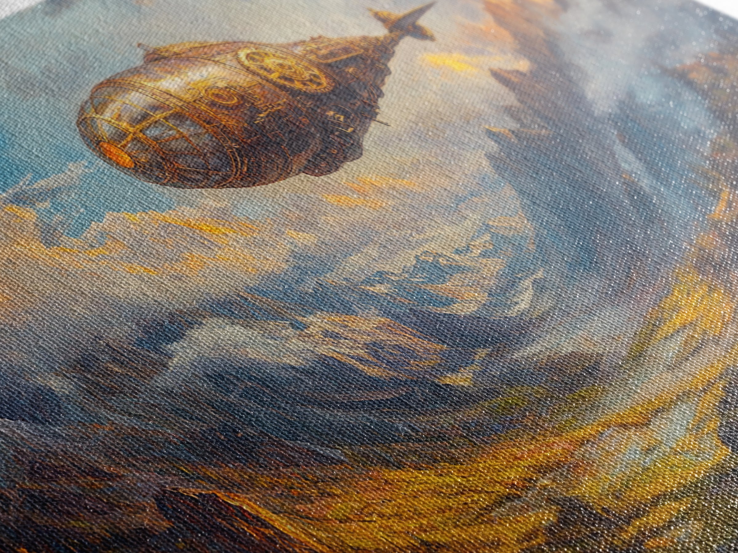 Golden Steampunk Airship Over Snowy Mountain Valley Canvas Print, Fantasy Wall Art, Moody Landscape Art, Office Decor Gift
