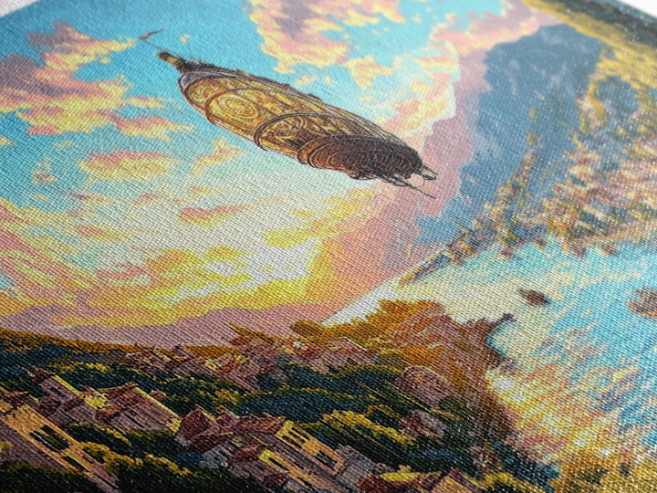 Ornate Airship Over Lake Como Sunset Framed Canvas Print, Italian Wall Art, Mediterranean Decor, Romantic Travel Poster Gift