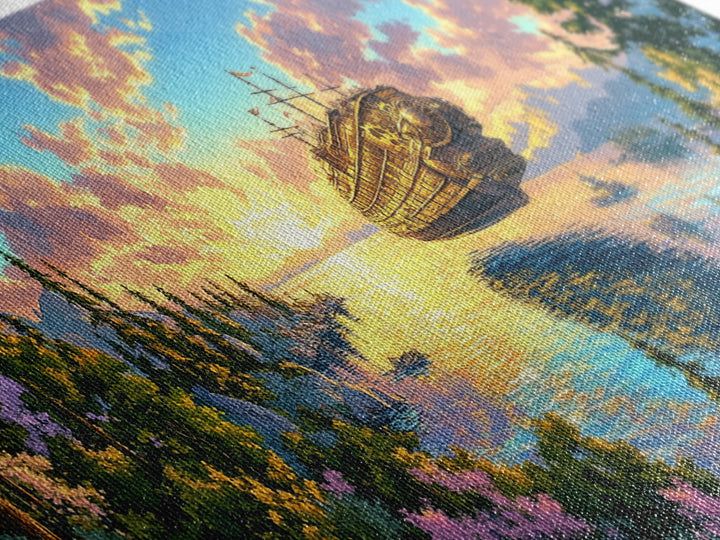 Steampunk Airship Over Sunset Forest Lake Framed Canvas Print, Fantasy Wall Art, Nature Decor, Cabin Living Room Art Gift