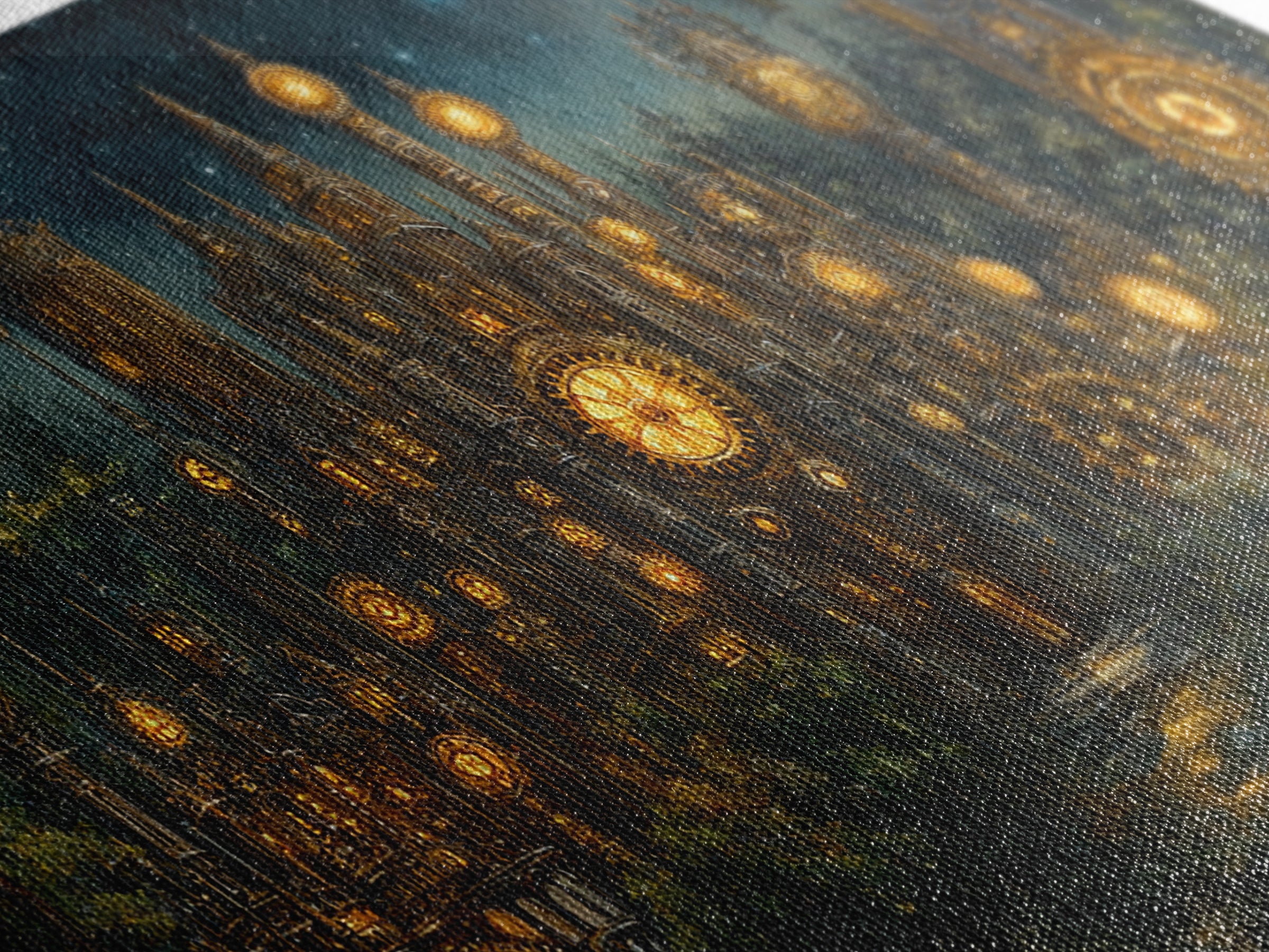 Clockwork Cathedral In Starry Forest Wall Art, Steampunk Fantasy City Canvas, Gothic Celestial Decor, Moody Office Print