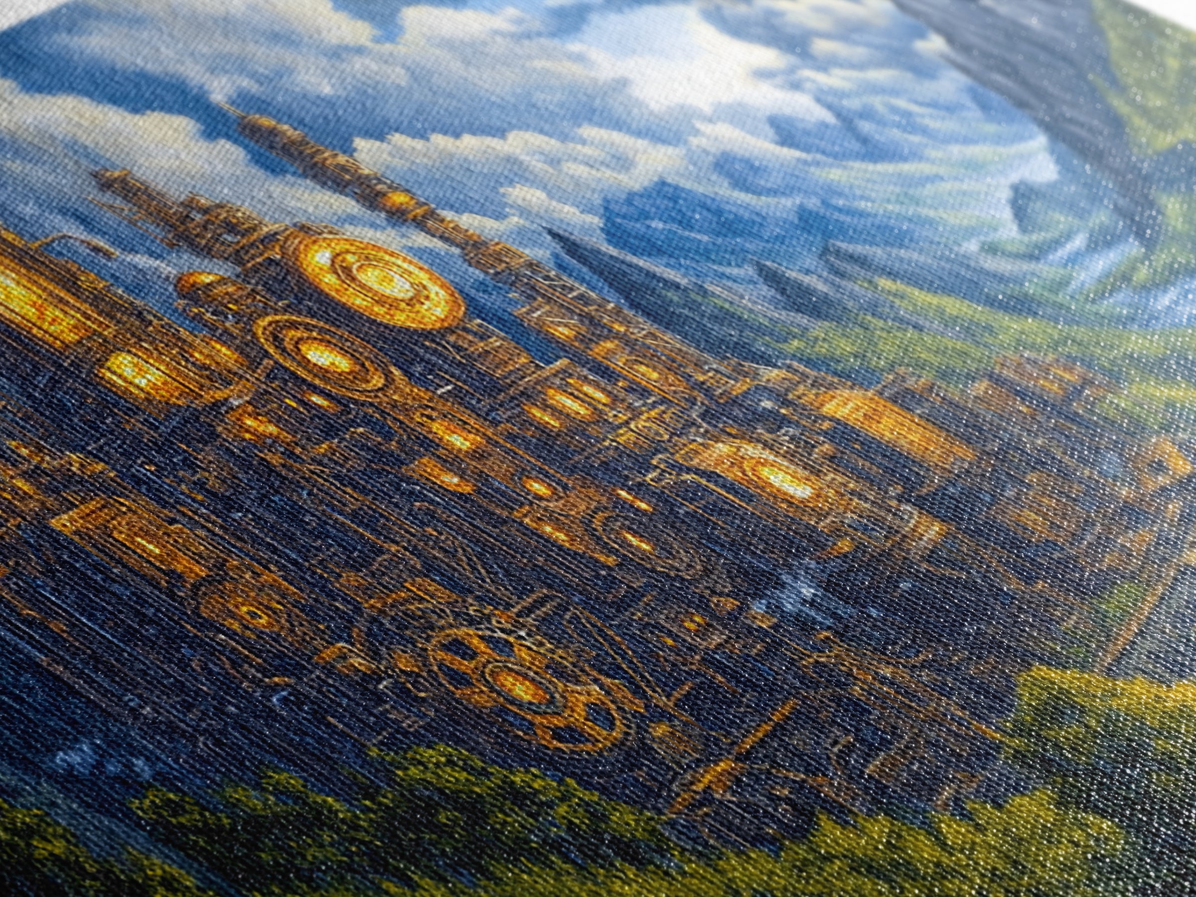 Steampunk Mountain Fortress Canvas Print, Industrial Fantasy Landscape Art, River Valley Wall Decor, Adventure Home Decor
