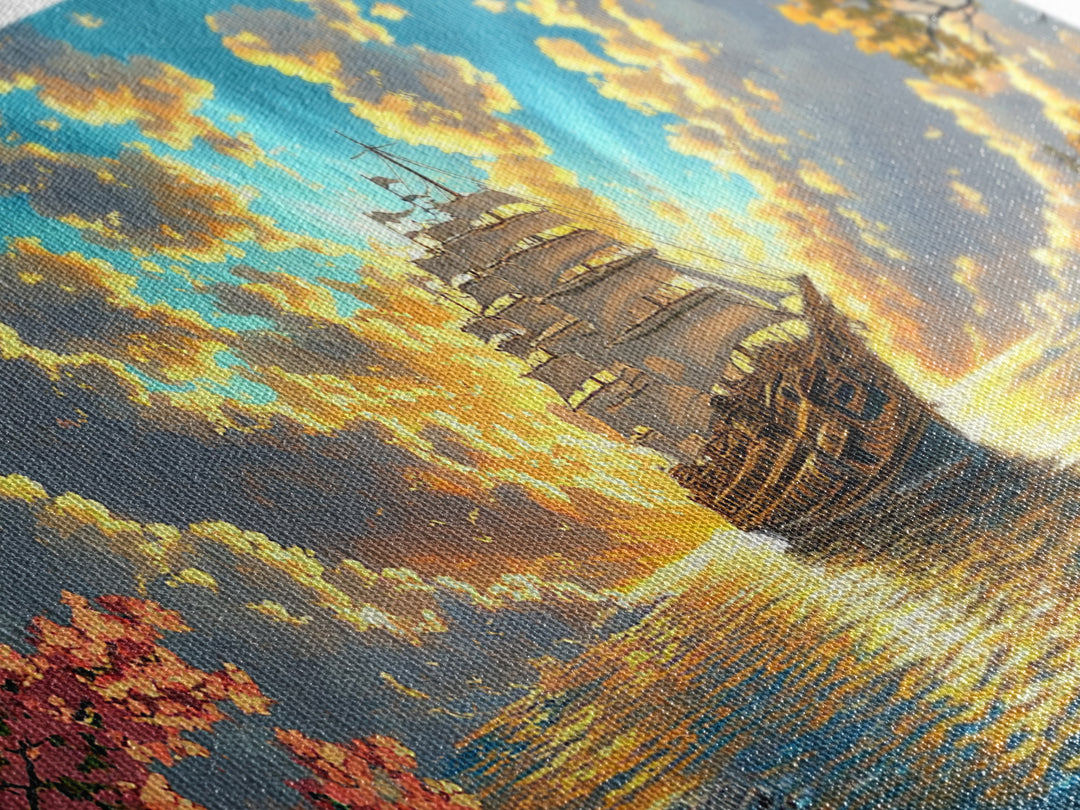 Golden Sailing Ship Canvas Print, Sunset Ocean Seascape Wall Art, Nautical Coastal Decor, Romantic Beach House Living Room Art