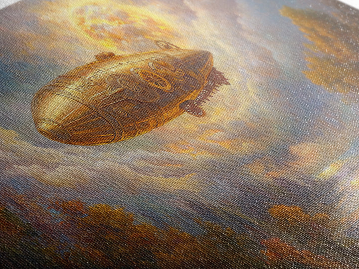Golden Steampunk Airship Framed Canvas Print, Autumn River Landscape Wall Art, Celestial Moon Decor, Fantasy Office Art Print