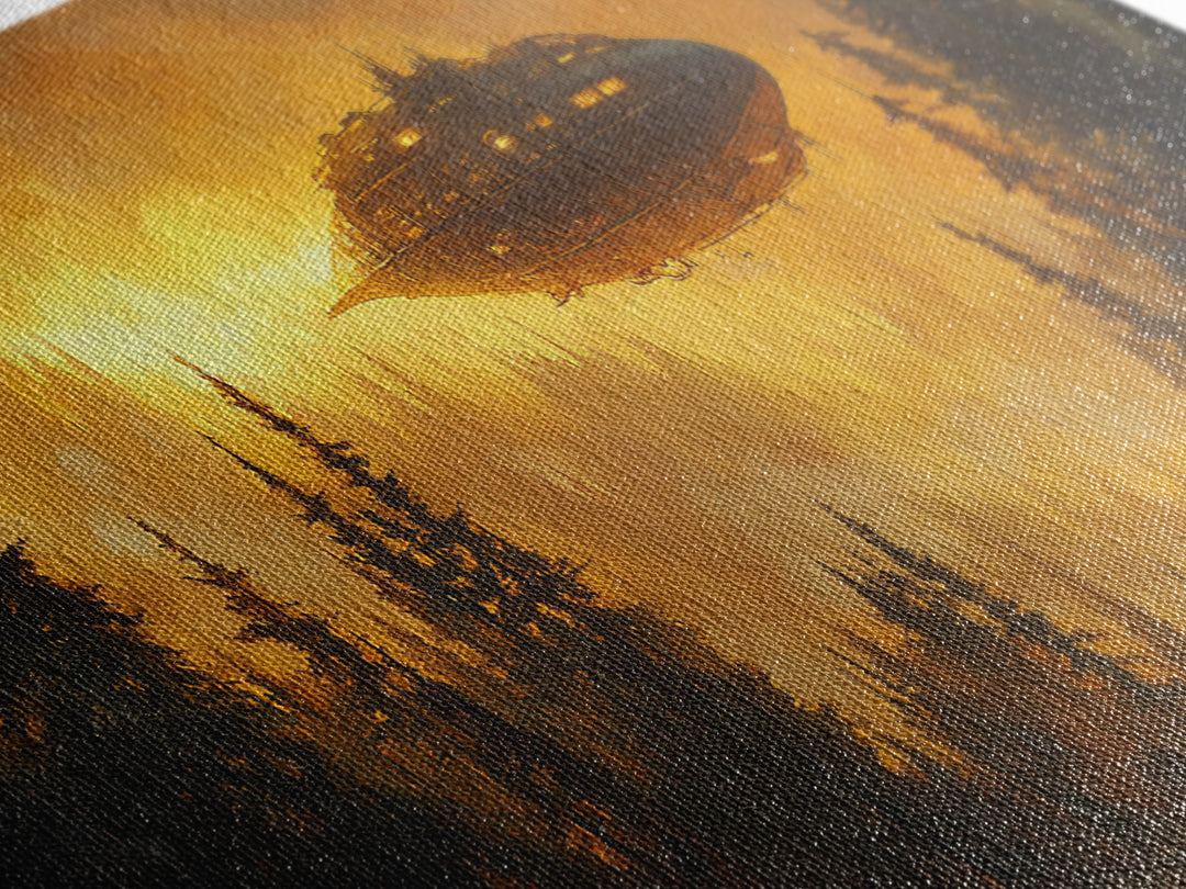 Golden Airship Over Pine Forest Wall Art, Dark Fantasy Castle Canvas Print, Moody Steampunk Landscape, Gothic Home Decor