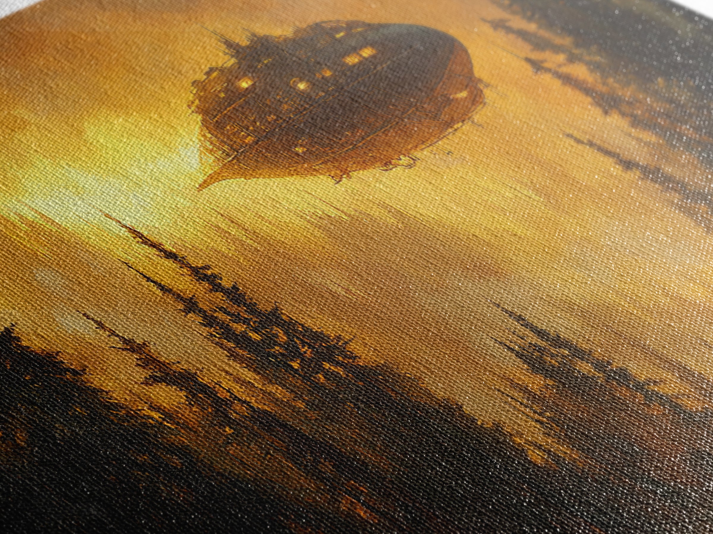 Golden Airship Over Pine Forest Wall Art, Dark Fantasy Castle Canvas Print, Moody Steampunk Landscape, Gothic Home Decor