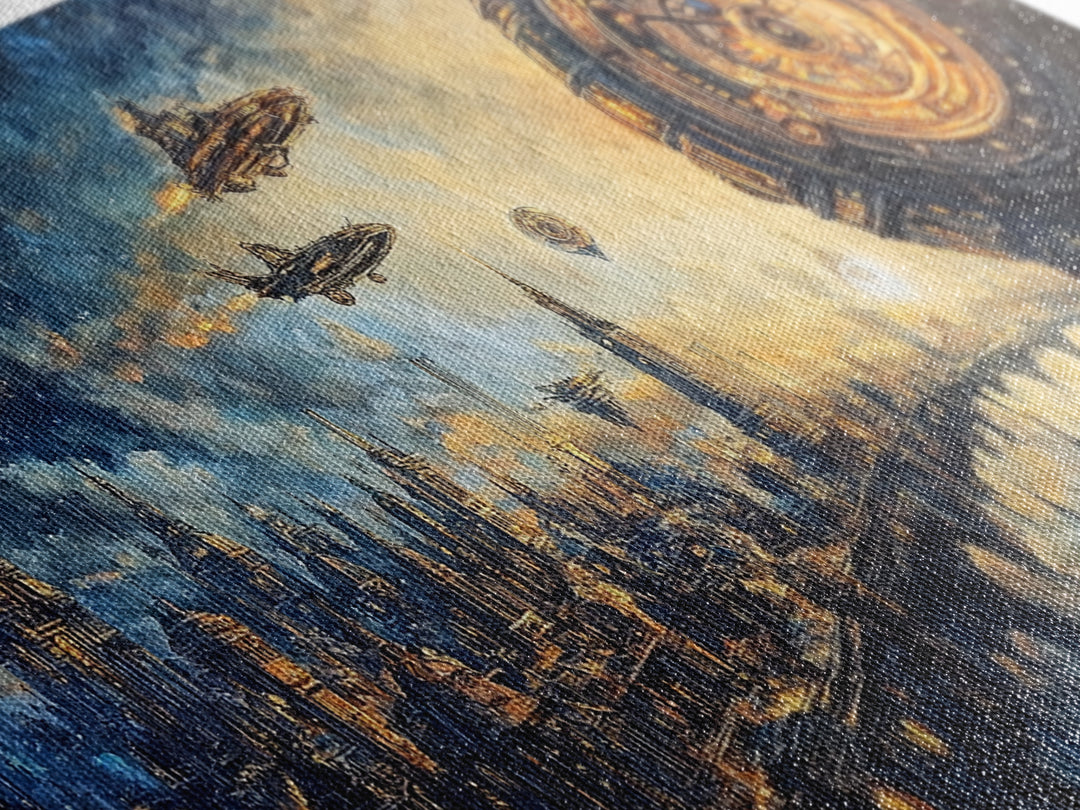 Sci Fi Clockwork City With Airships Framed Canvas Print, Futuristic Wall Art, Space Decor, Cyberpunk Cityscape Art, Large Wall Art
