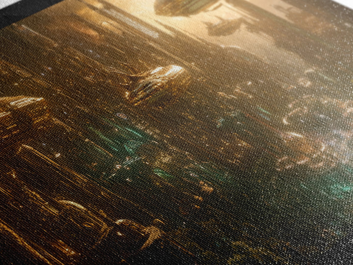 Golden Futuristic City With Airships Canvas Print, Cyberpunk Wall Art, Sci Fi Decor, Dark Fantasy Skyline, Large Wall Art