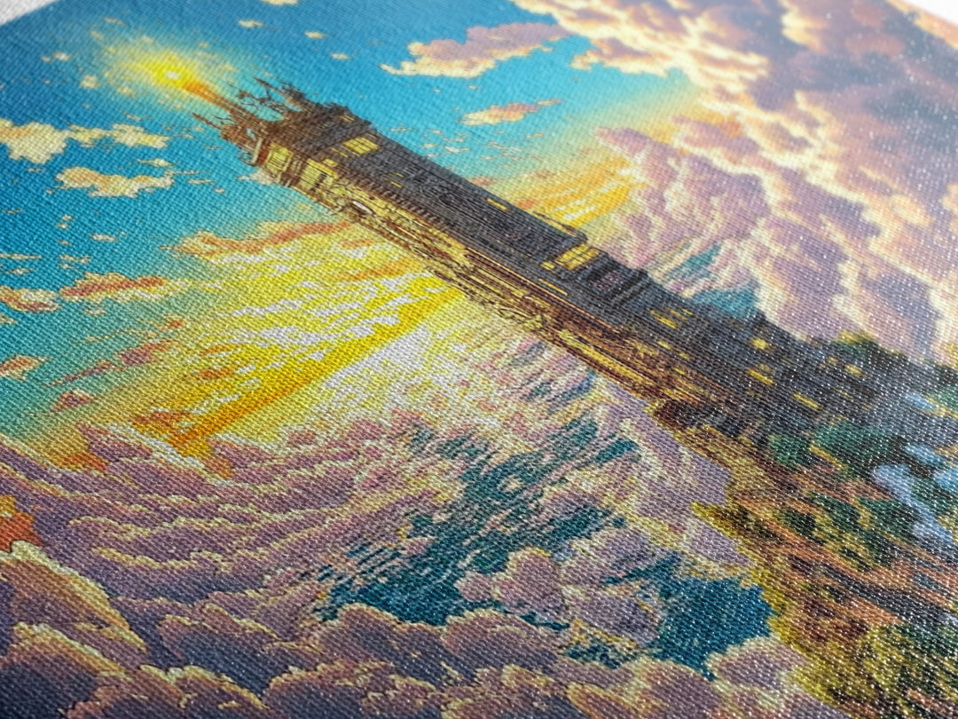 Golden Tower Above The Clouds Canvas Print, Fantasy Sky Castle Wall Art, Celestial Sunset Landscape For Living Room Decor