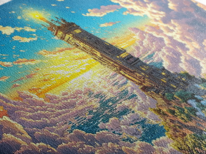Golden Tower Above The Clouds Canvas Print, Fantasy Sky Castle Wall Art, Celestial Sunset Landscape For Living Room Decor