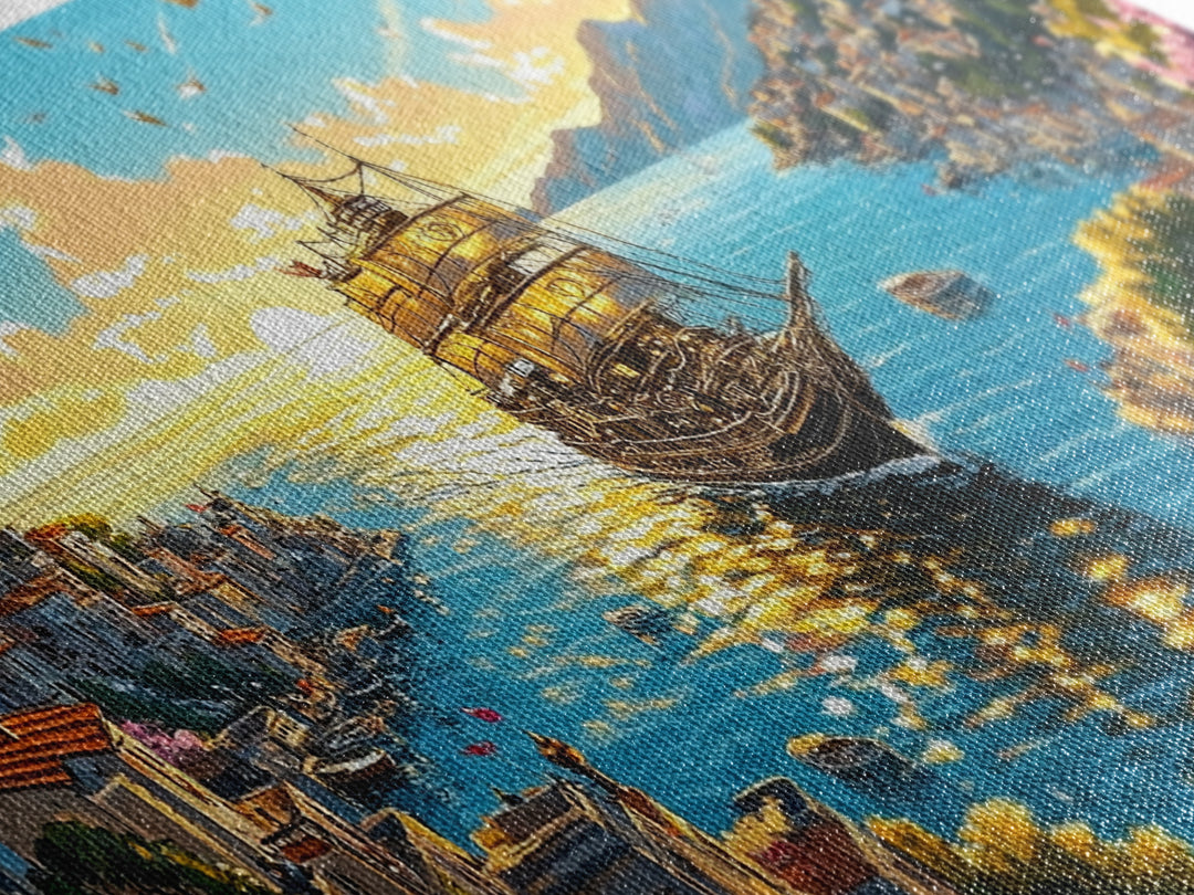 Ornate Ship In Sunlit Harbor Canvas Print, Mediterranean Coastal Wall Art, Floral Seascape Travel Home Decor For Living Room