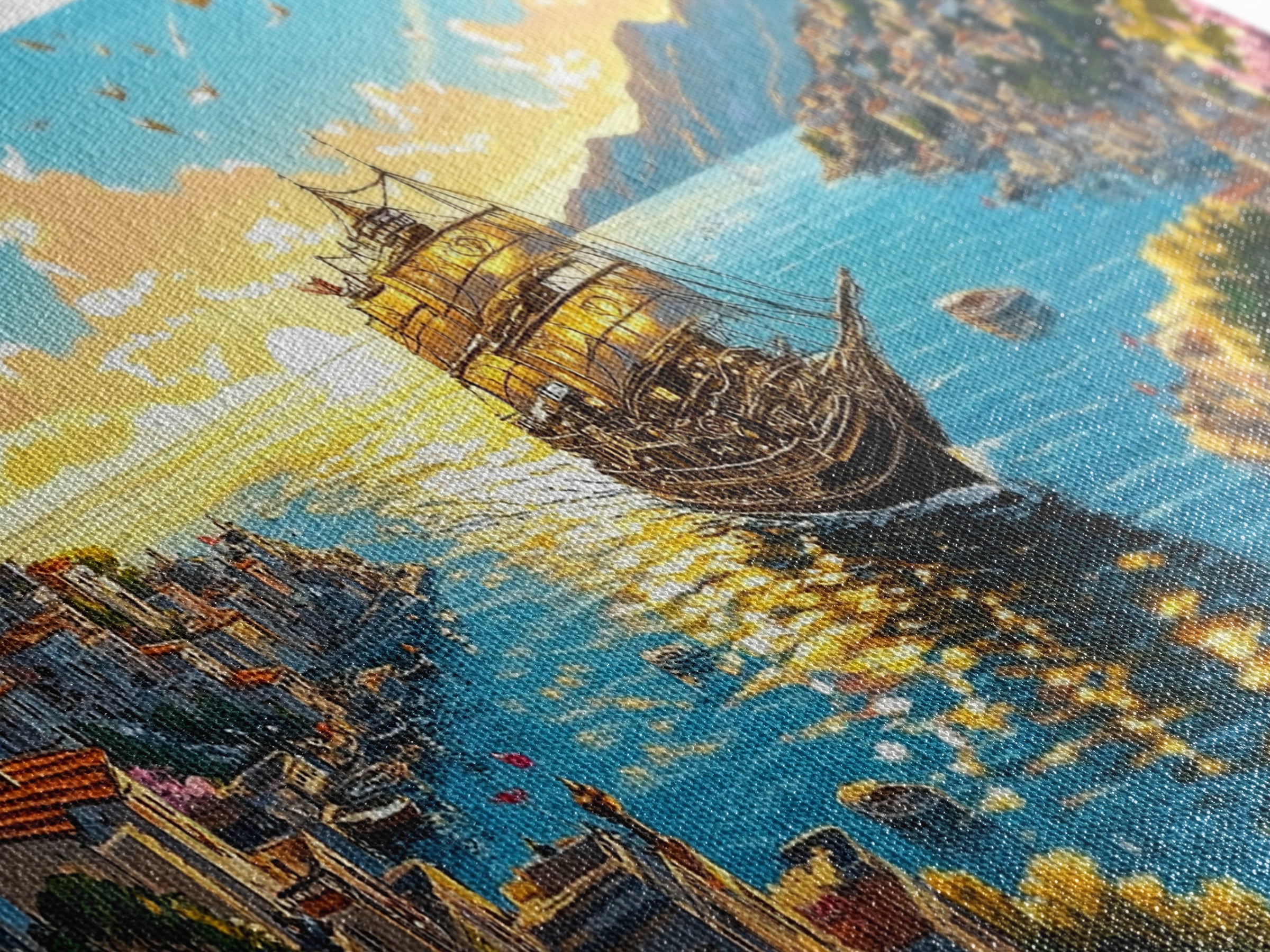 Ornate Ship In Sunlit Harbor Canvas Print, Mediterranean Coastal Wall Art, Floral Seascape Travel Home Decor For Living Room
