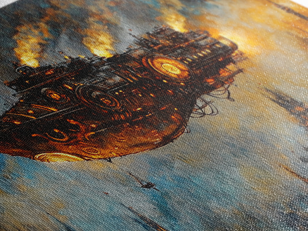 Dark Steampunk Airship Above Industrial City Canvas Print, Sci Fi Fantasy Wall Art, Moody Urban Living Room Decor For Home Office
