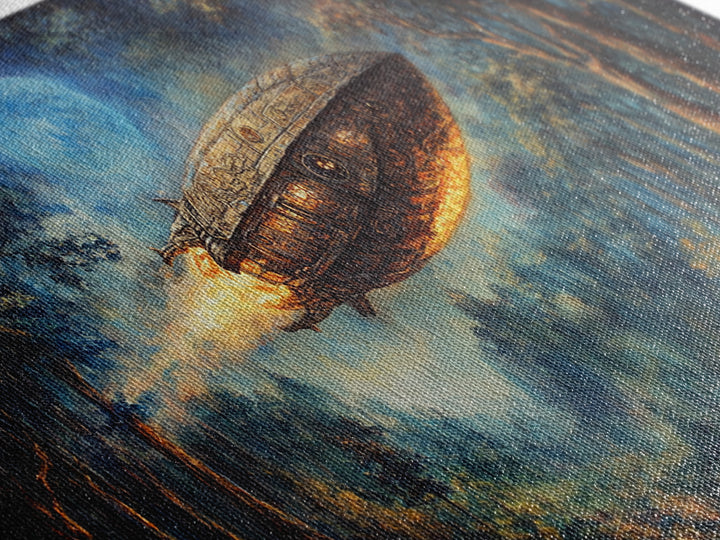 Moonlit Steampunk Airship In Dark Forest Framed Canvas Print, Fantasy Wall Art, Moody Gothic Living Room And Office Decor