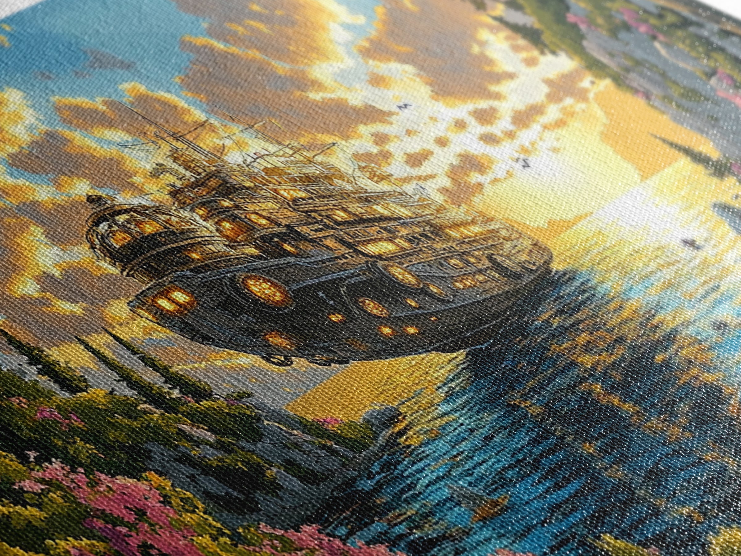 Mechanical Steampunk Ship On Sunlit Mountain Lake Canvas Print, Fantasy Wall Art, Colorful Coastal Living Room Decor Gift
