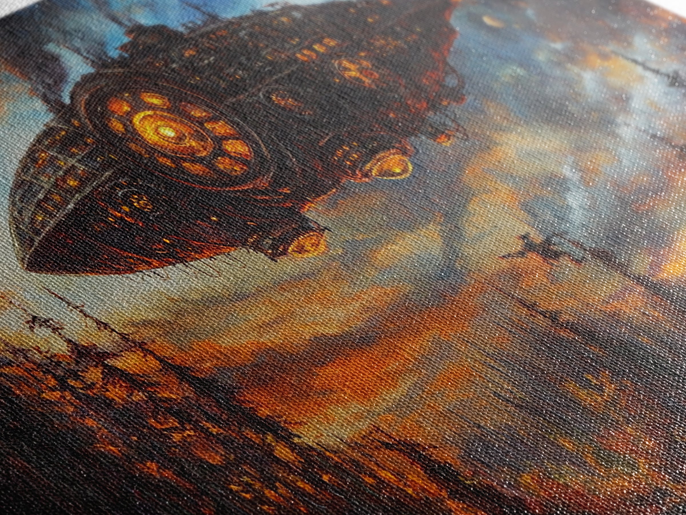 Dark Steampunk Airship Above Pine Forest Sunset Framed Canvas Print, Dystopian Sci Fi Wall Art, Moody Living Room Office Decor