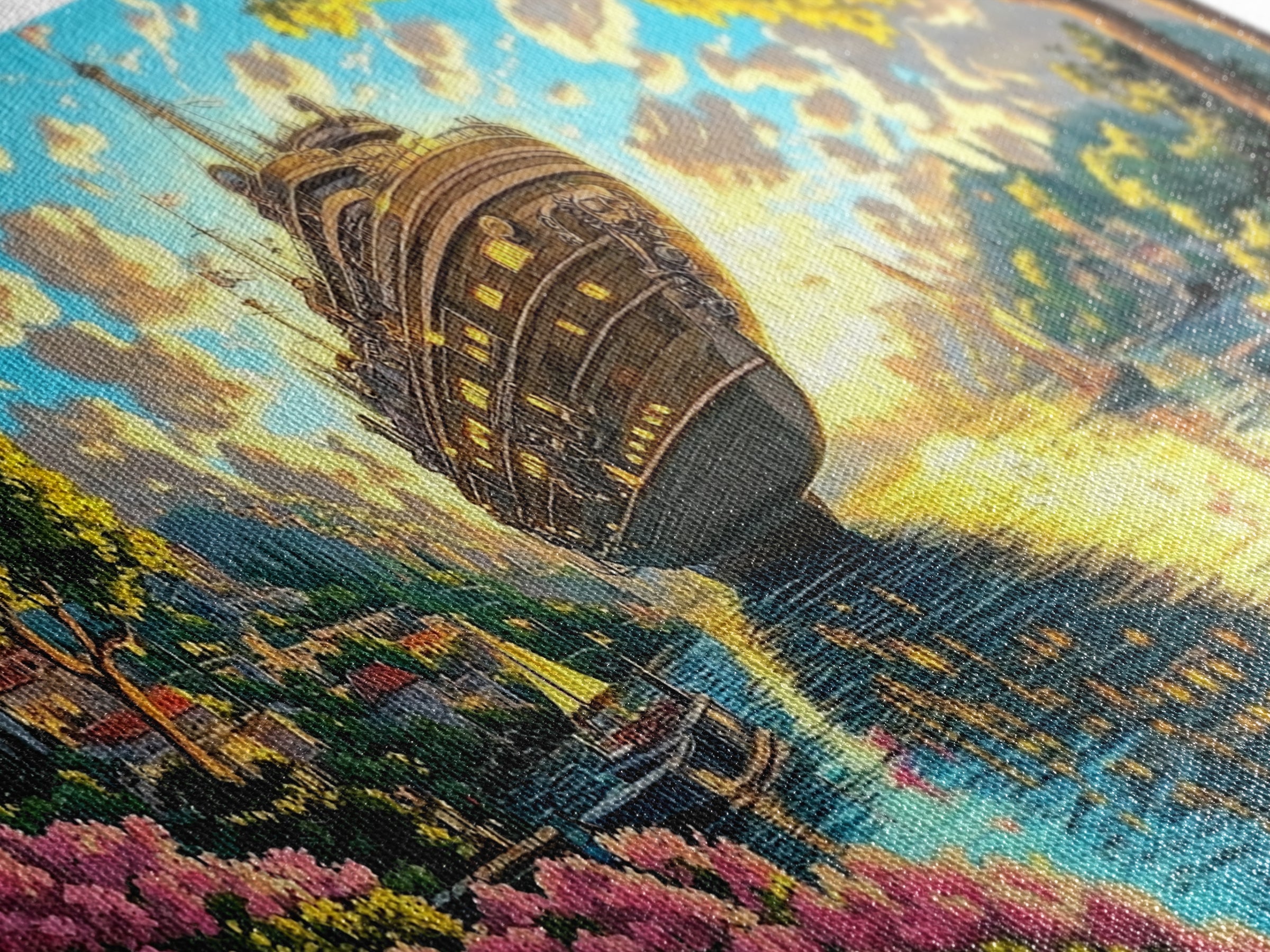 Ornate Floating Ship In Garden Harbor Canvas Print, Whimsical Fantasy Coastal Wall Art, Bright Lake House Living Room Decor