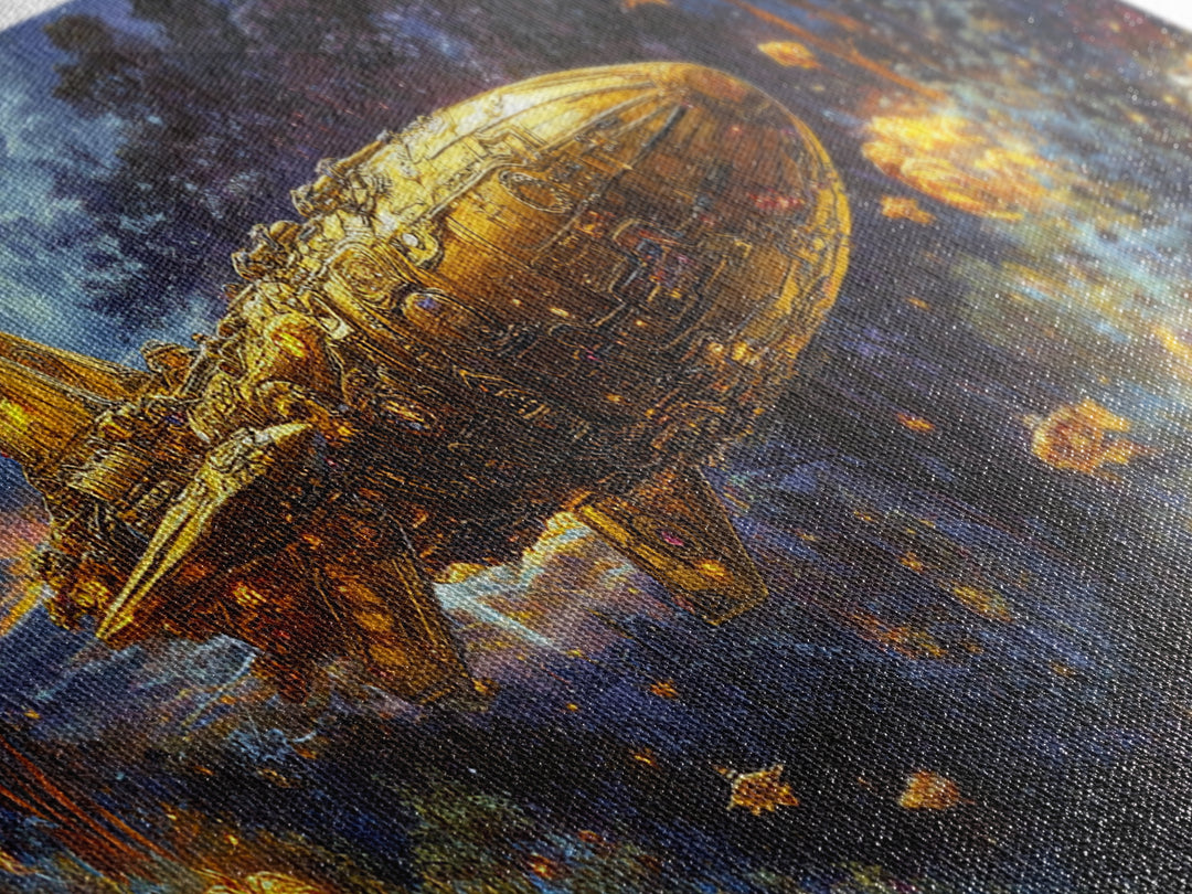 Golden Rocket Airship In Enchanted Night Forest Framed Canvas Print, Fantasy Wall Art, Firefly Woodland Decor For Bedroom