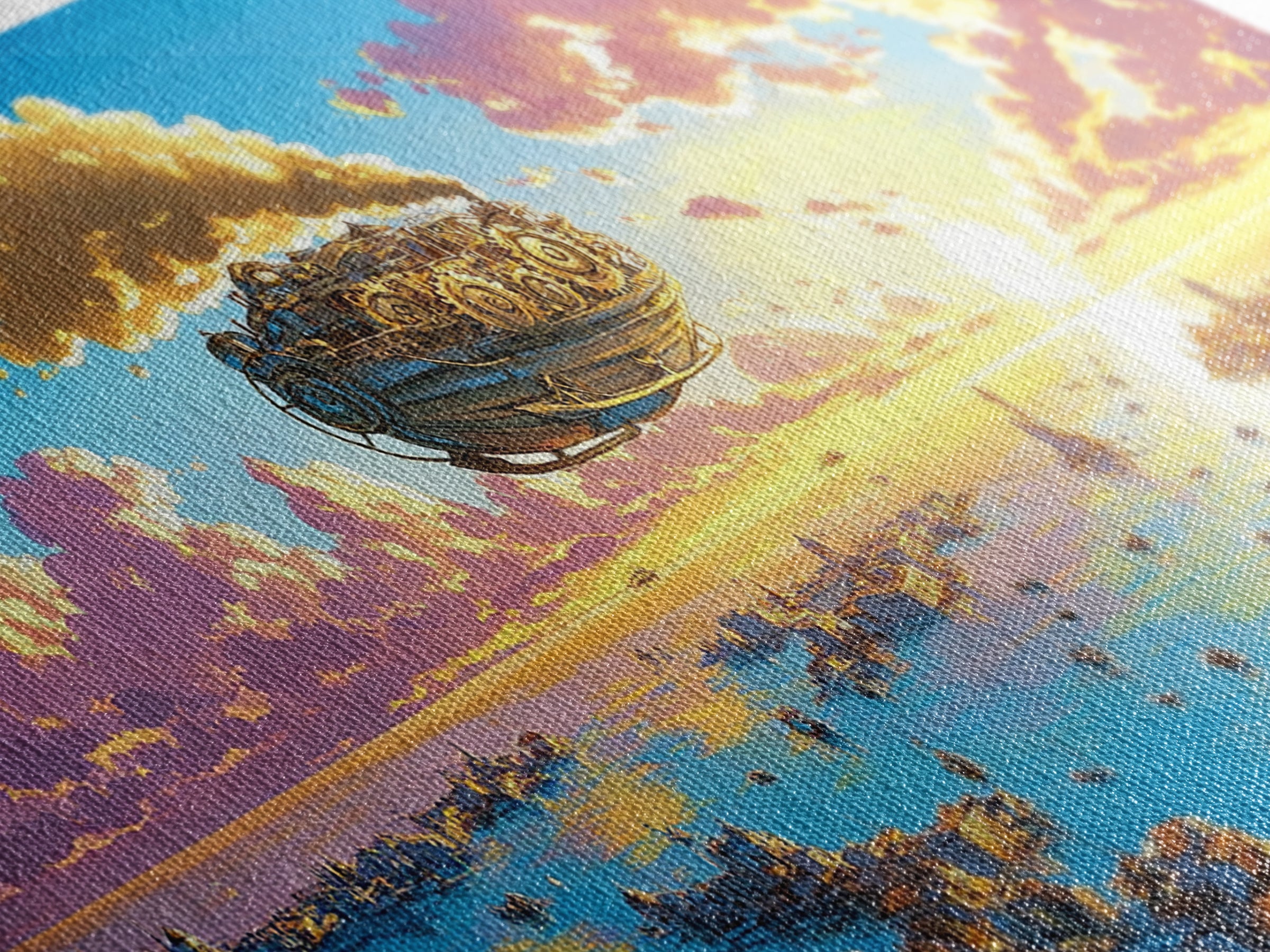 Pastel Steampunk Airship Over Coastal City Sunrise Canvas Print, Fantasy Travel Wall Art, Colorful Mediterranean Home Decor