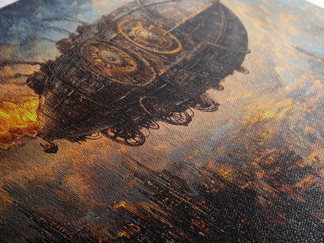 Industrial Steampunk Airship Over Dystopian City Framed Canvas Print, Sci Fi Wall Art, Dark Futuristic Living Room Office Decor