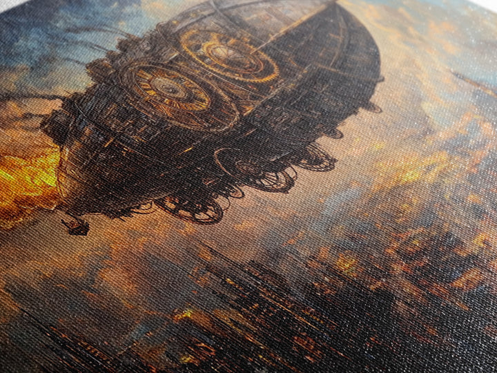 Industrial Steampunk Airship Over Dystopian City Framed Canvas Print, Sci Fi Wall Art, Dark Futuristic Living Room Office Decor