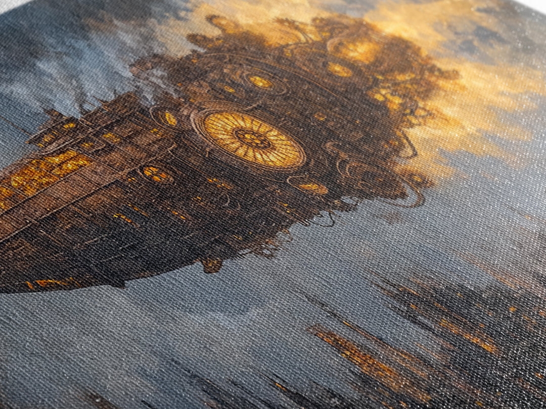 Steampunk Starship Over Smoky Dystopian Skyline Framed Canvas Print, Sci Fi Wall Art For Industrial Office And Man Cave Decor