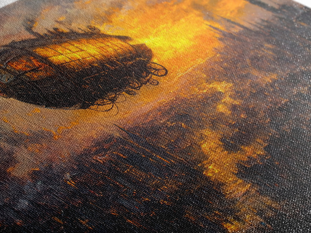 Moody Steampunk Airship At Fiery Sunset Framed Canvas Print, Dystopian City Wall Art For Gothic Office And Masculine Decor