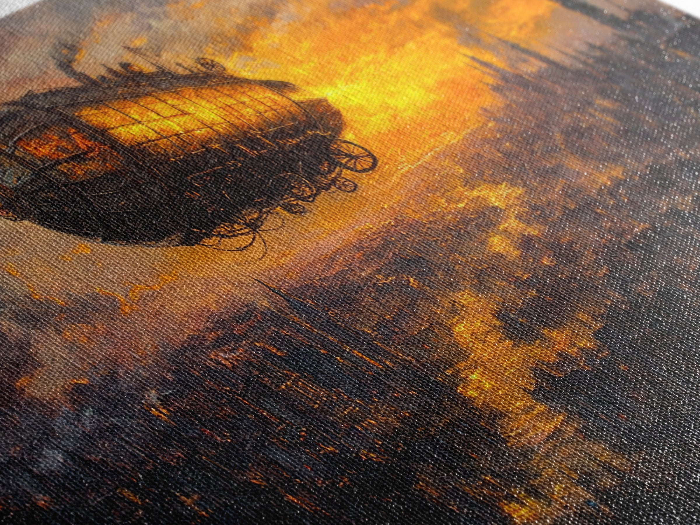 Moody Steampunk Airship At Fiery Sunset Framed Canvas Print, Dystopian City Wall Art For Gothic Office And Masculine Decor
