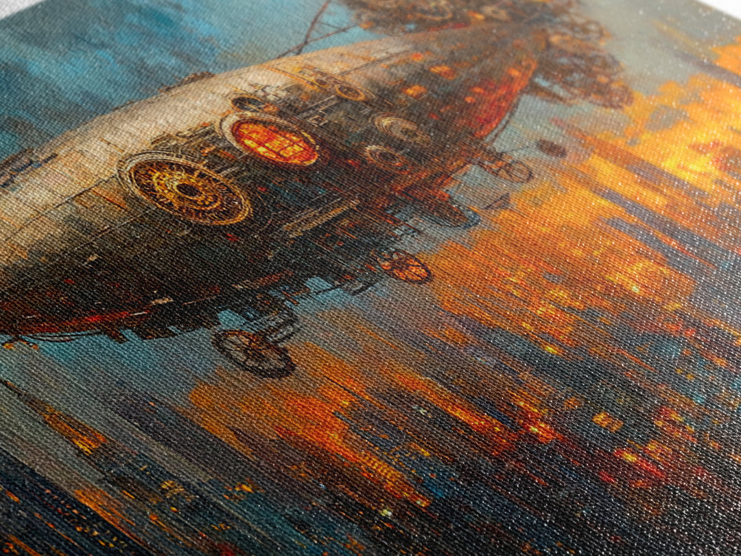 Industrial Steampunk Zeppelin Over Orange City Canvas Print, Futuristic Wall Art For Sci Fi Office Decor And Urban Home Decor