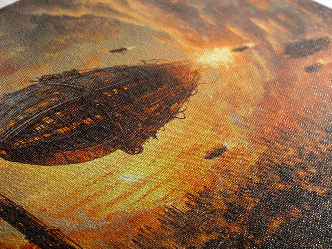 Fiery Airship Over Burning City Wall Art, Dark Steampunk Sci Fi Decor, Futuristic Landscape Canvas Print, Man Cave Art Gift