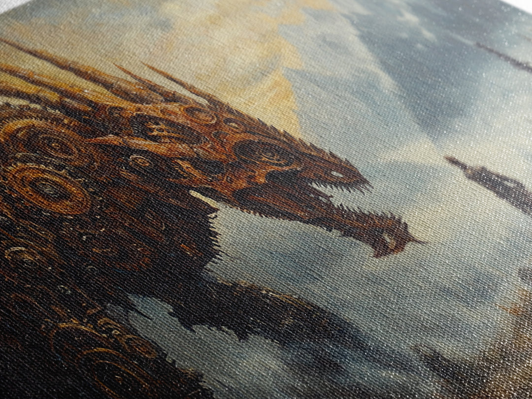 Steampunk Dragon Confronting Lone Traveler Framed Canvas Print, Fantasy Wall Art, Gothic Decor, Mountain Landscape Art, Gift For Him