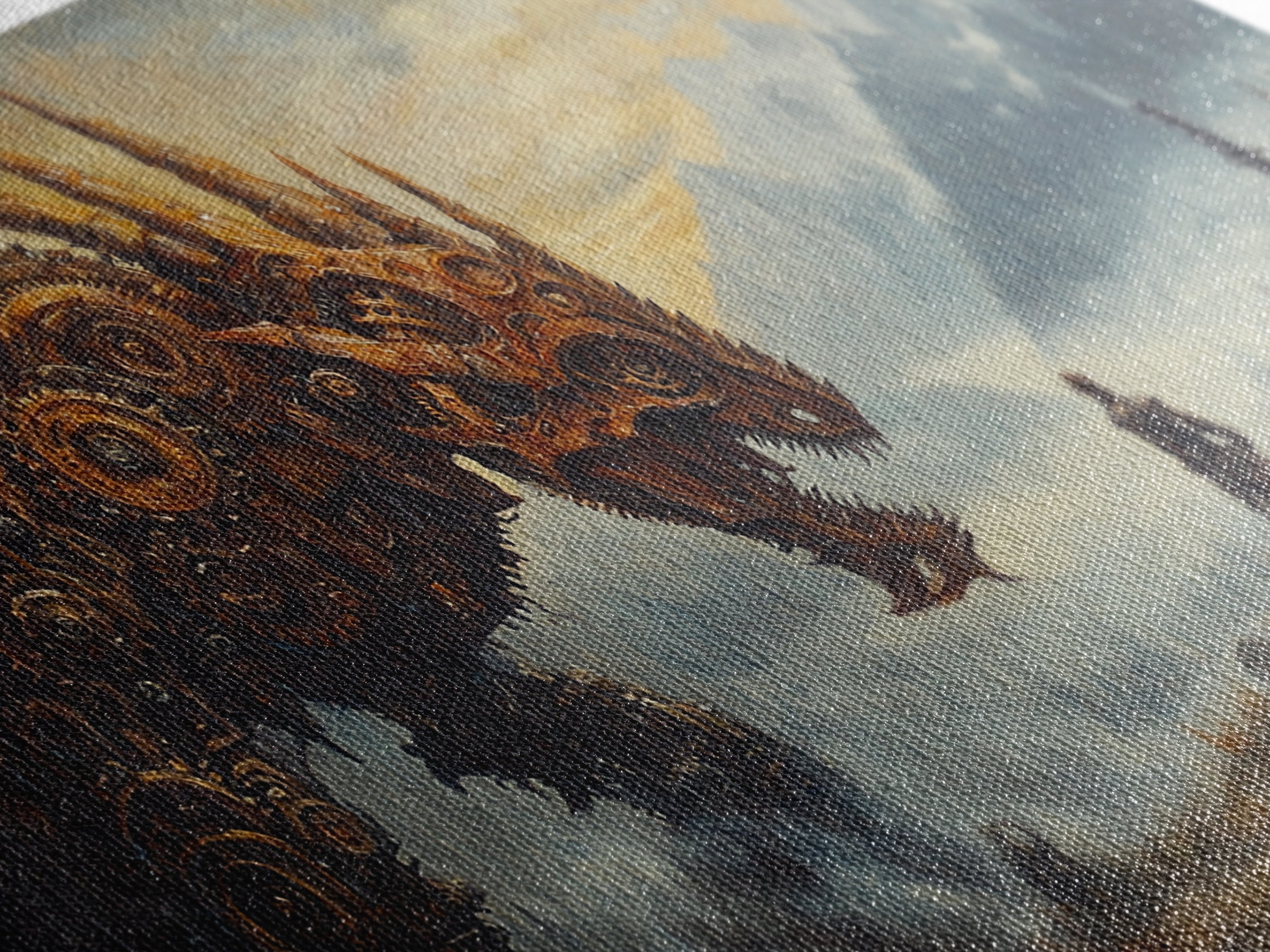 Steampunk Dragon Confronting Lone Traveler Framed Canvas Print, Fantasy Wall Art, Gothic Decor, Mountain Landscape Art, Gift For Him