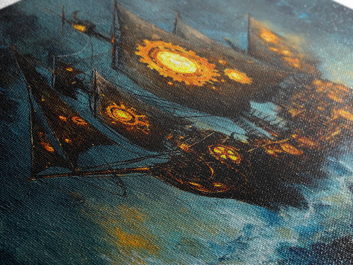 Stormy Steampunk Pirate Ship With Glowing Gears Canvas Print, Nautical Wall Art, Dark Fantasy Art, Moody Seascape Decor Gift For Him
